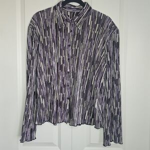 Crinkled Striped Purple Silver Black Long Sleeve Blouse Button Front Stretch XL